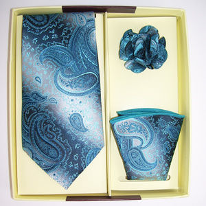 Blue Paisley Necktie Handkerchief Boutonniere Set